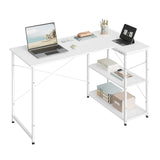 BukkitBow L-vorm hoekbureau met stalen frame en houten werkbladen, verstelbare planken voor een praktische werkplek