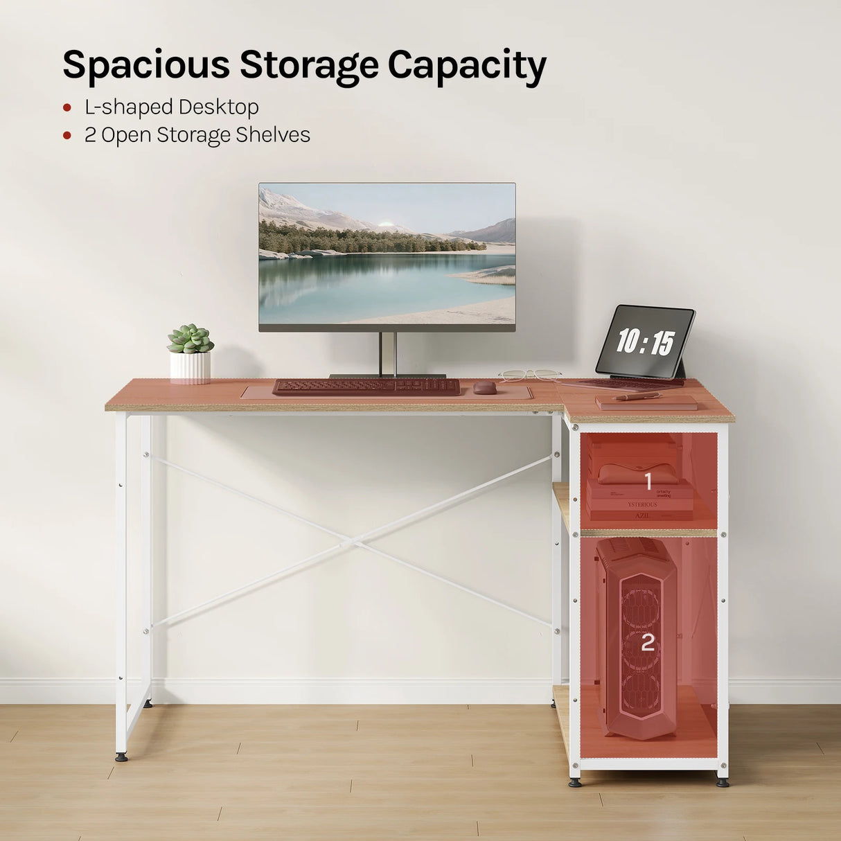 BukkitBow L-vorm bureau met staal en hout, verstelbare planken, hoekbureau voor thuis of kantoor, moderne ontwerp.