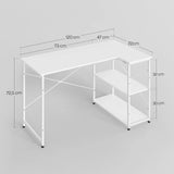 L-vorm BukkitBow bureau met staal en hout, verstelbare planken en hoekontwerp voor een functionele werkplek.