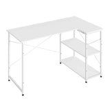 BukkitBow L-vorm bureau met staal en hout, verstelbare planken en hoekontwerp voor een functionele werkplek.