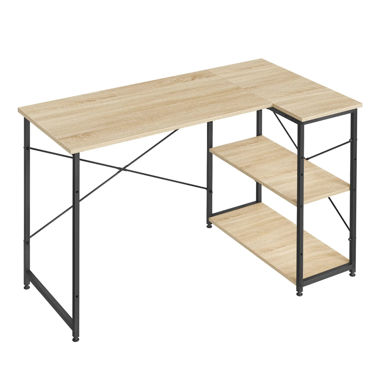L-vorm BukkitBow bureau met staal en hout, verstelbare planken en hoekvorm, geschikt voor thuis of kantoorgebruik.