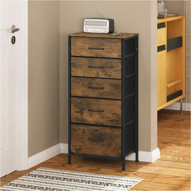 BukkitBow ladekast van gefabriceerd hout met vijf stoffen lades, lichtgewicht en stabiel, multifunctioneel en geschikt voor diverse opbergruimtes.