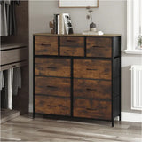 BukkitBow ladekast met 10 stoffen lades, hout en metaal, vintage industrieel ontwerp, rustiek bruin en zwart, 100x100x30 cm