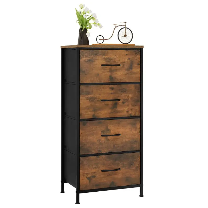 BukkitBow vintage industrieel ladekast met 4 stoffen lades in rustiek bruin en zwart, hout, metaal en non-woven stof.