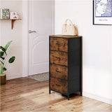 BukkitBow ladekast met 4 stoffen lades in rustiek bruin en zwart, vintage industrieel ontwerp, hout, metaal en non-woven stof.