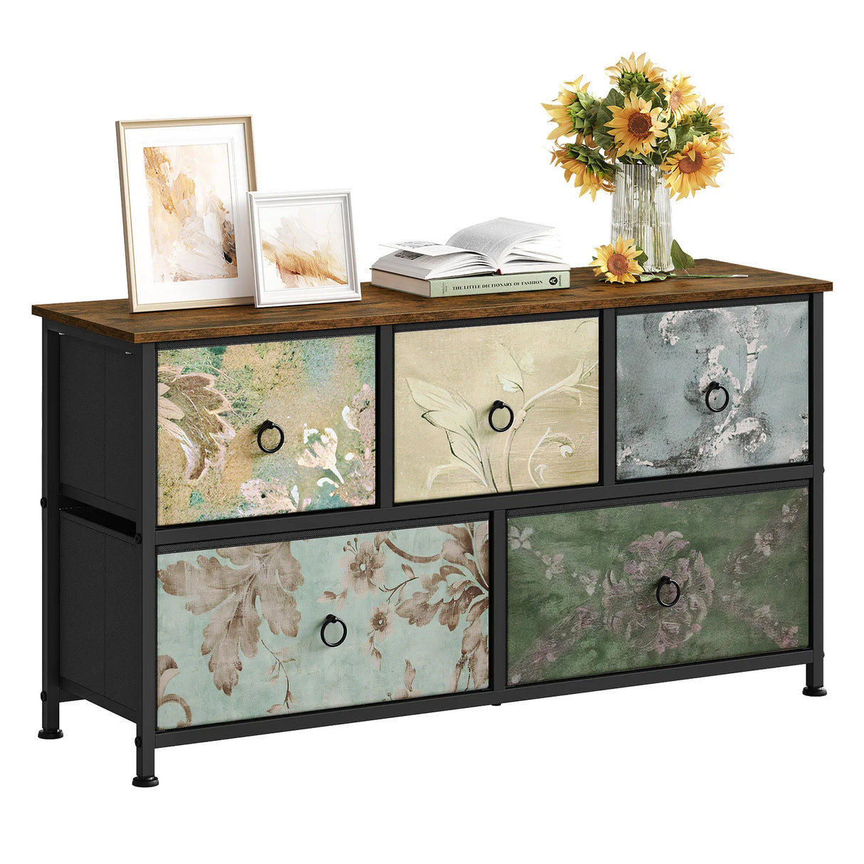 BukkitBow ladekast met 5 stoffen lades, metalen frame, geschikt als TV meubel of dressoir voor woonkamer, slaapkamer of hal