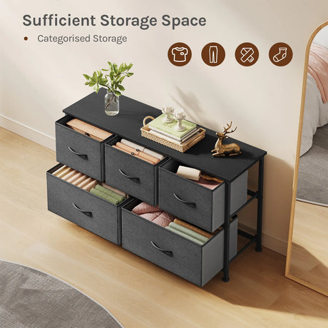 BukkitBow ladekast met 5 stoffen lades, metalen frame, geschikt als TV meubel of dressoir voor woonkamer, slaapkamer en hal