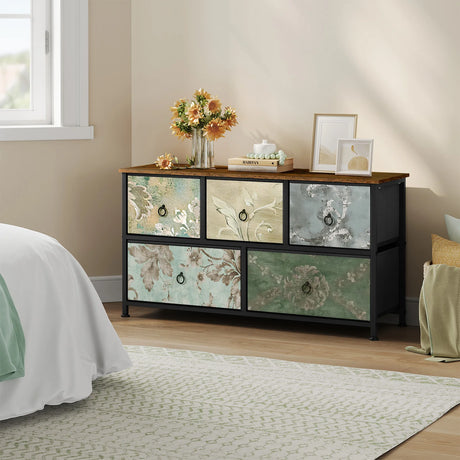 BukkitBow ladekast met 5 stoffen lades en metalen frame, geschikt als TV meubel of dressoir voor woonkamer, slaapkamer of hal.