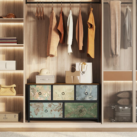 BukkitBow ladekast met 5 stoffen lades, metalen frame, geschikt als TV meubel, dressoir voor woonkamer, slaapkamer of hal