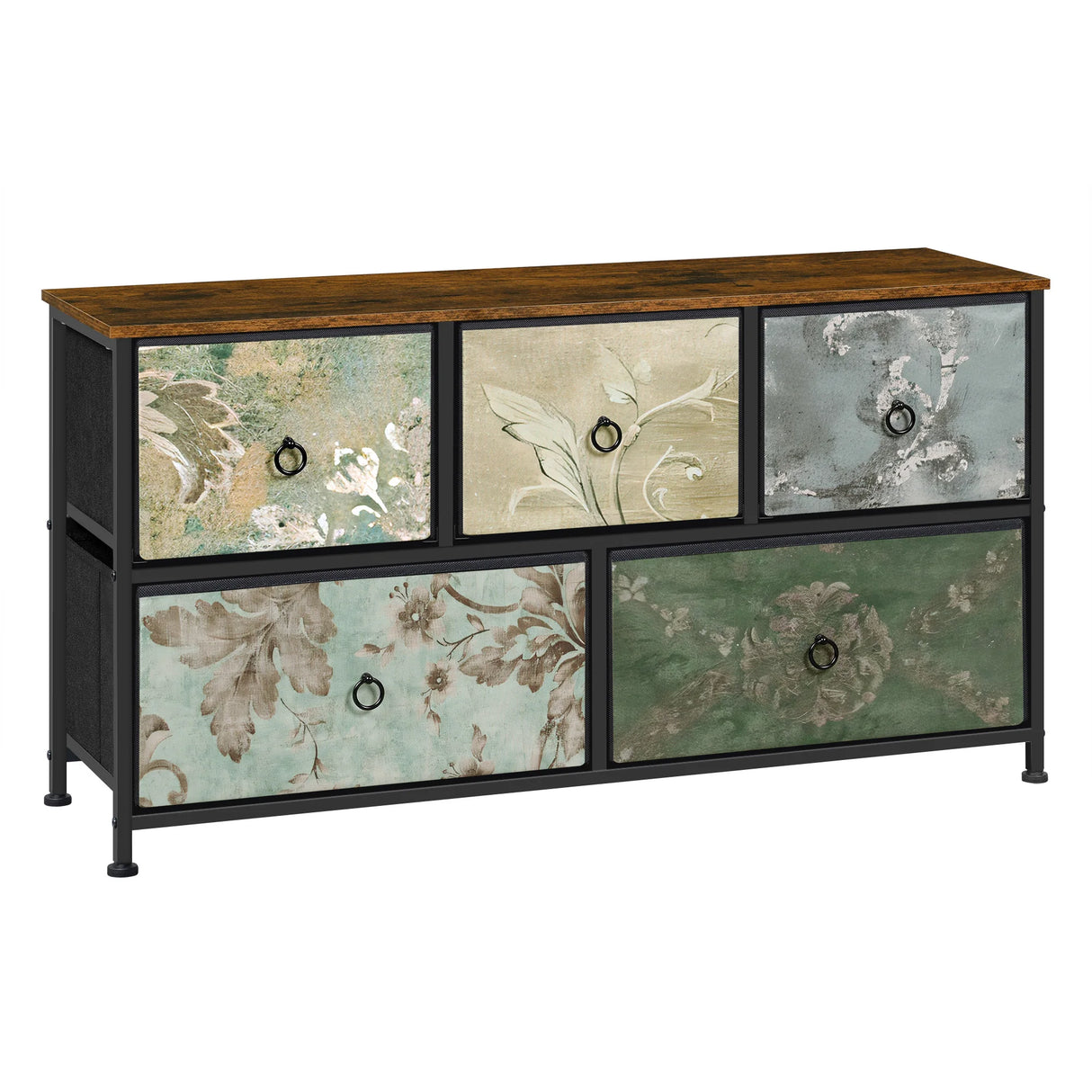 BukkitBow ladekast met 5 stoffen lades, metalen frame, geschikt als TV meubel of dressoir voor woonkamer, slaapkamer of hal.