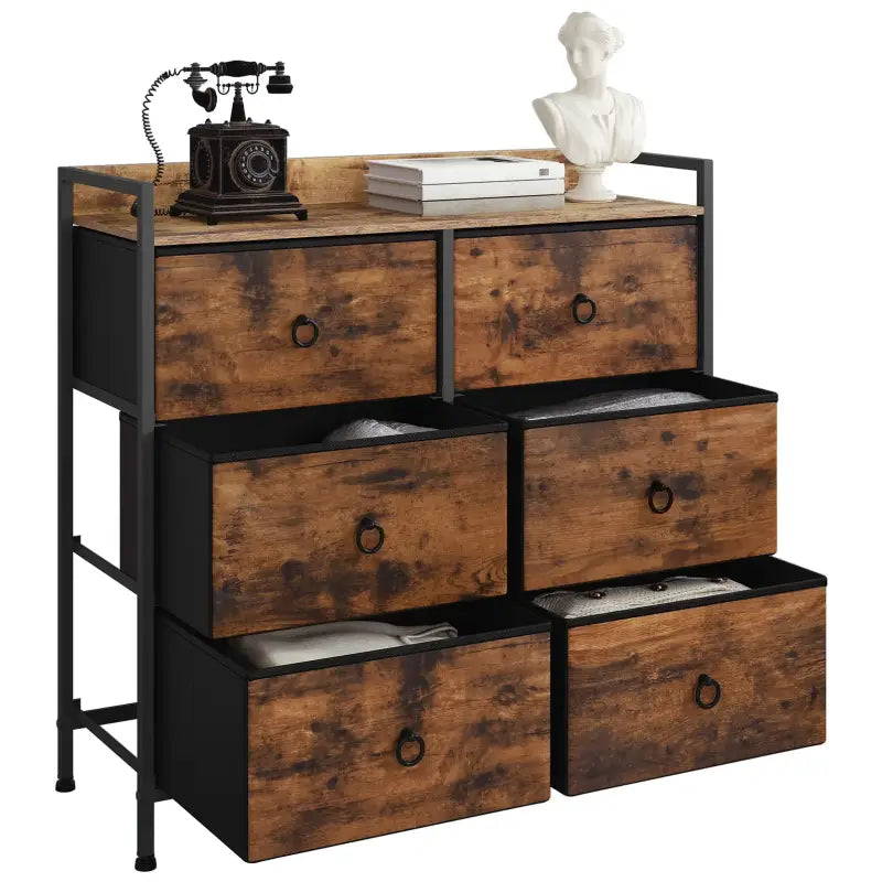 Rustieke BukkitBow ladekast met 6 stoffen lades en houten/metalen plank, afmetingen 80x29x78 cm, in bruin en zwart.