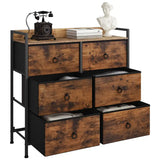Rustieke BukkitBow ladekast met 6 stoffen lades en houten/metalen plank, afmetingen 80x29x78 cm, in bruin en zwart.