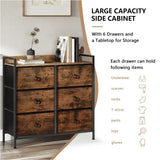 BukkitBow ladekast met 6 stoffen lades, houten en metalen plank, rustiek bruin en zwart, afmetingen 80x29x78 cm.