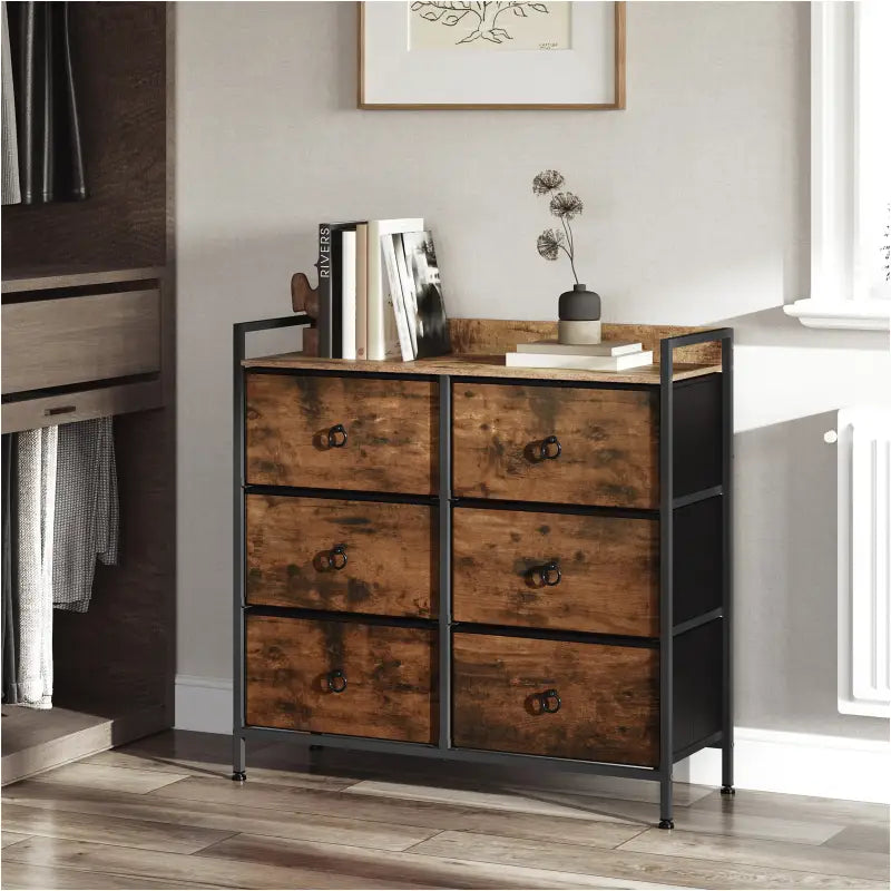 BukkitBow ladekast met 6 stoffen lades, houten en metalen plank, rustiek bruin en zwart, afmetingen 80x29x78 cm.
