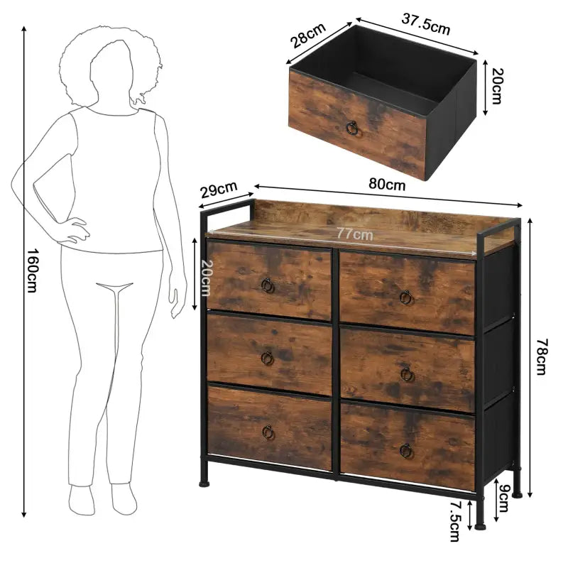 BukkitBow ladekast met 6 stoffen lades, houten en metalen plank, rustiek bruin en zwart, afmetingen 80x29x78 cm.