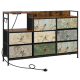 BukkitBow ladekast met 8 stoffen lades, stopcontact en USB-poorten, houten blad en metalen frame, voor opberg en opladen.