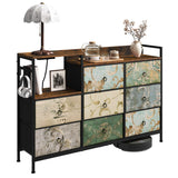 BukkitBow ladekast met 8 stoffen lades, houten blad, metalen frame, stopcontact en USB-poorten voor op kantoor of thuis.