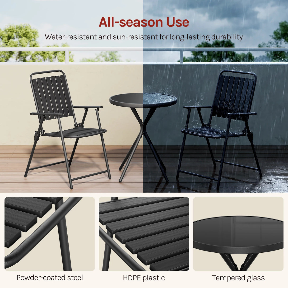 Luxe BukkitBow 3-delige bistroset met glazen tafel en klapstoelen voor buitengebruik, elegant en comfortabel.