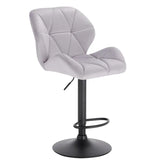 Luxe BukkitBow barkruk van fluweel of leder met rugleuning, mini-armleuning, draaibaar en voetensteun, zithoogte 60-82 cm.