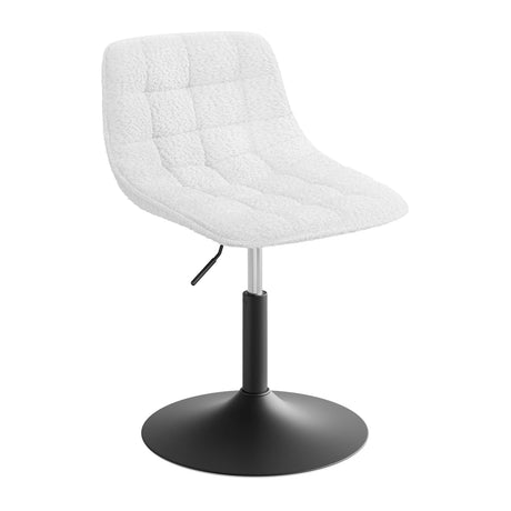 Luxe BukkitBow make-up barkruk met verstelbare hoogte, zachte chenille bekleding in wit en grijs, comfortabele zithouding.
