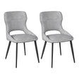 Set van twee grijze chenille eetkamerstoelen met afgeronde rugleuningen en zwarte metalen poten
