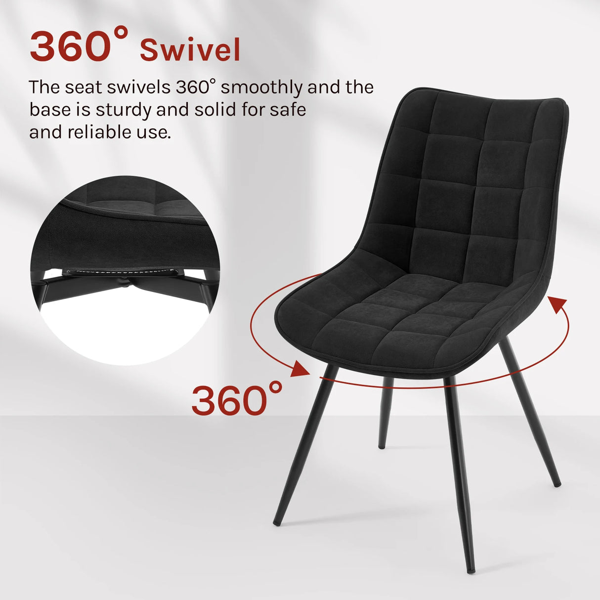 Set van 4 moderne BukkitBow luxe draaibare velvet eetkamerstoelen met gestikte bekleding en metalen poten.