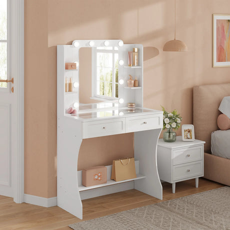 Luxe witte kaptafel van BukkitBow met glazen werkblad en LED-spiegel, elegant en modern voor een stijlvolle uitstraling.