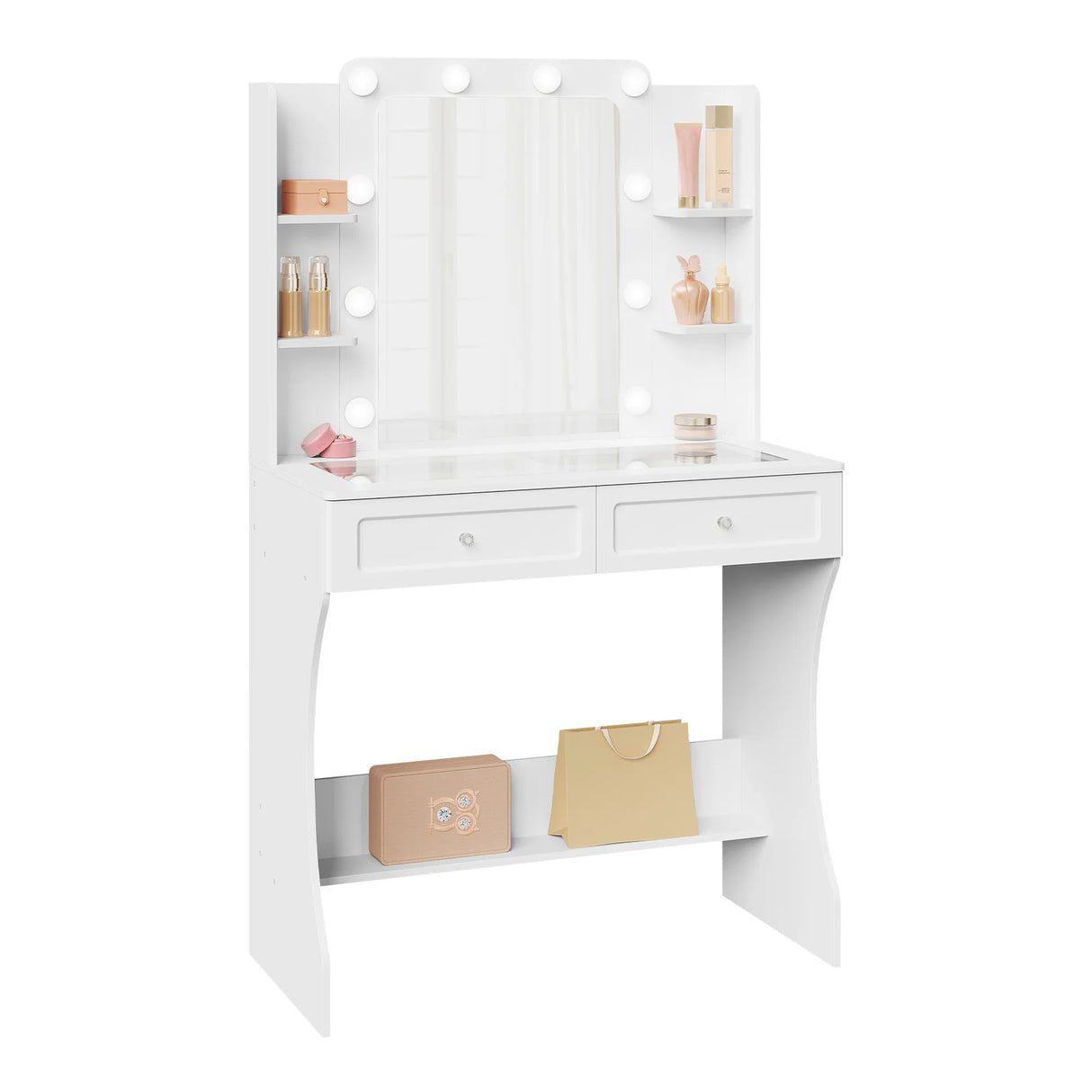 Luxe witte BukkitBow kaptafel met glazen werkblad en LED-spiegel, perfect voor een stijlvolle badkamer of slaapkamer.