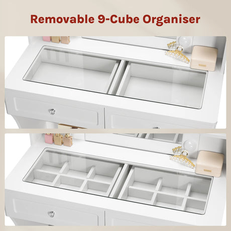 Luxe witte BukkitBow kaptafel met glazen werkblad, LED-spiegel en stijlvolle uitstraling.