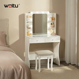 Luxe witte kaptafel van BukkitBow met glazen werkblad en LED-spiegel, ideaal voor schoonheid en make-up.