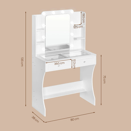 Luxe witte BukkitBow kaptafel met glazen werkblad en LED-spiegel, stijlvolle en moderne make-up tafel.