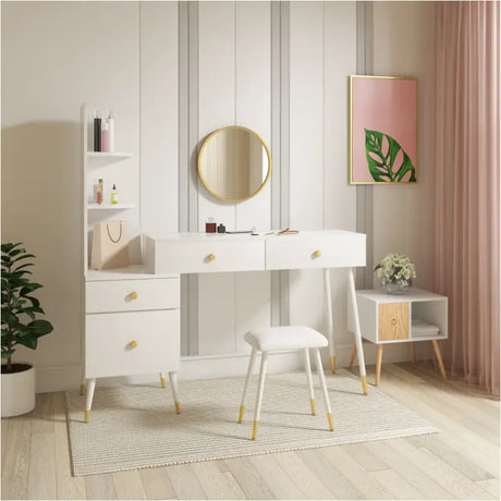 Luxe BukkitBow kaptafel met ronde spiegel, kruk en opbergkast met gouden poten in een elegante slaapkamer.