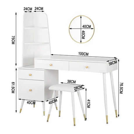 Luxe BukkitBow kaptafel met ronde spiegel, kruk en opbergkast met gouden poten, elegant meubel voor de slaapkamer of kleedkamer