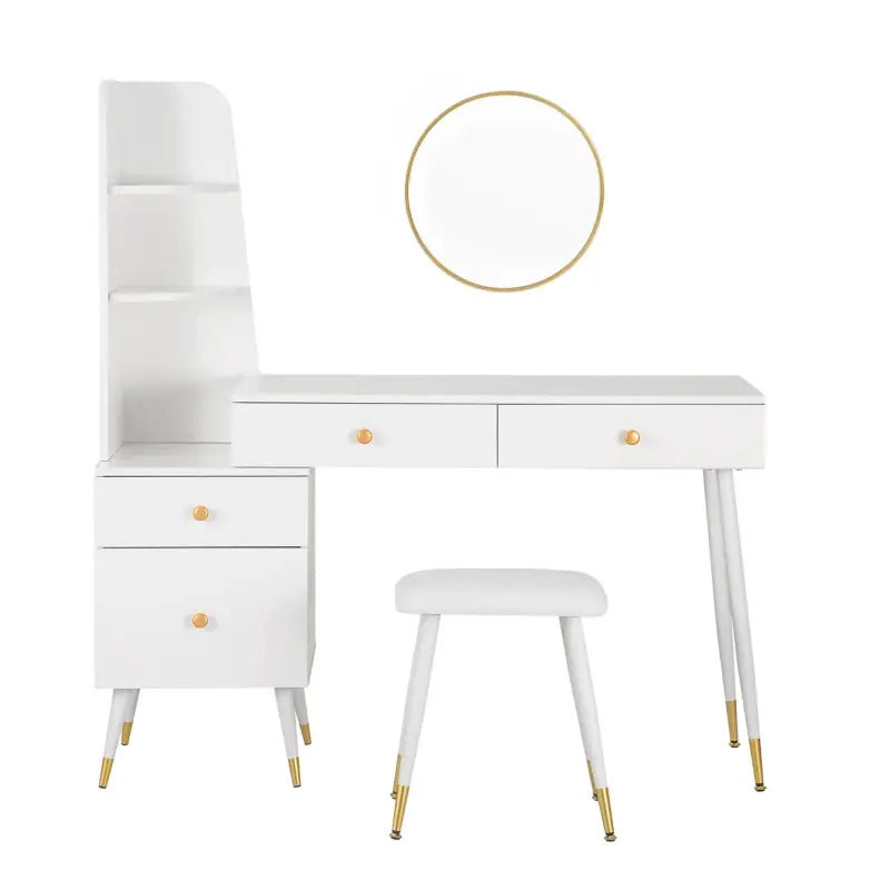 Luxe BukkitBow kaptafel met ronde spiegel, kruk en opbergkast met gouden poten, elegant meubel voor make-up en styling.