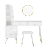 Luxe BukkitBow kaptafel met ronde spiegel, kruk en opbergkast met gouden poten, elegant meubel voor make-up en styling.