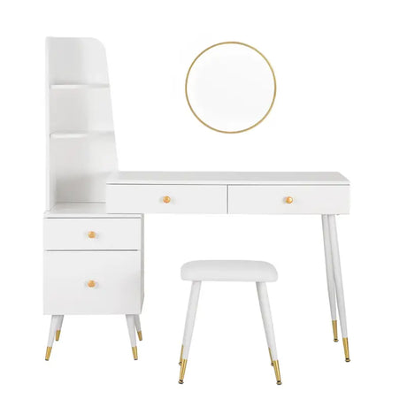 Luxe BukkitBow kaptafel met ronde spiegel, kruk en opbergkast met gouden poten, elegant meubel voor make-up en styling.