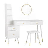 Luxe BukkitBow kaptafel met ronde spiegel, kruk en opbergkast met gouden poten, stijlvolle make-up en sieraden tafel
