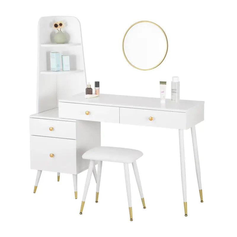 Luxe BukkitBow kaptafel met ronde spiegel, kruk en opbergkast met gouden poten, elegant meubel voor de slaapkamer of kleedkamer