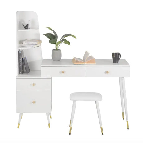 Luxe BukkitBow kaptafel met ronde spiegel, gouden poten, kruk en opbergkast, stijlvolle en functionele make-up tafel.