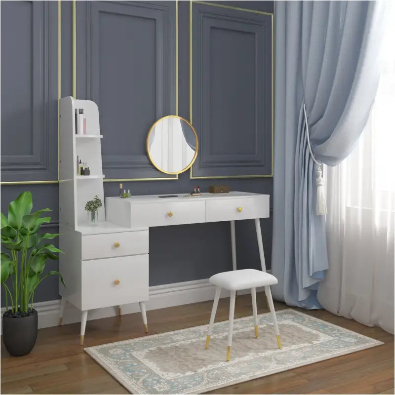 Luxe BukkitBow kaptafel met ronde spiegel, kruk en opbergkast, gouden poten, elegant meubel voor slaapkamer of kleedkamer