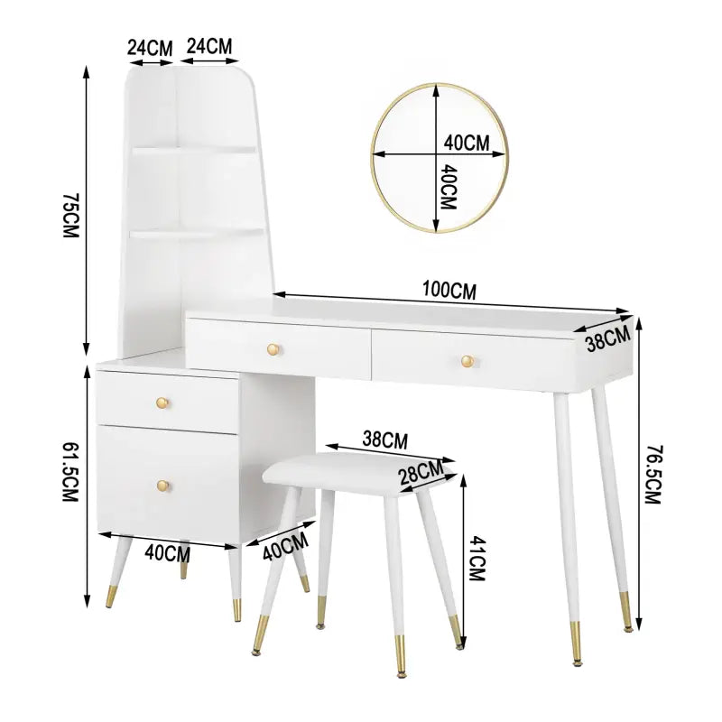 Luxe BukkitBow kaptafel met ronde spiegel, kruk en opbergkast met gouden poten, modern en elegant meubelstuk voor de slaapkamer.