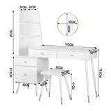 Luxe BukkitBow kaptafel met ronde spiegel, kruk en opbergkast met gouden poten, modern en elegant meubelstuk voor de slaapkamer.