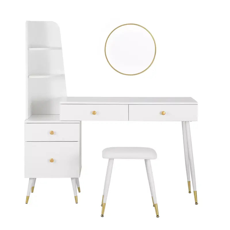 Luxe BukkitBow kaptafel met ronde spiegel, gouden poten, opbergkast en bijpassende kruk in een elegante slaapkamer setting.