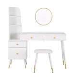 Luxe BukkitBow kaptafel met ronde spiegel, gouden poten, opbergkast en bijpassende kruk in een elegante slaapkamer setting.