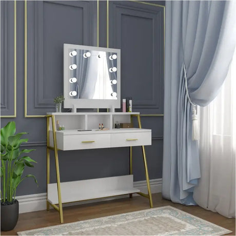 Luxe BukkitBow kaptafel met LED-spiegel, opbergruimte en twee lades, elegant meubel voor make-up en styling.