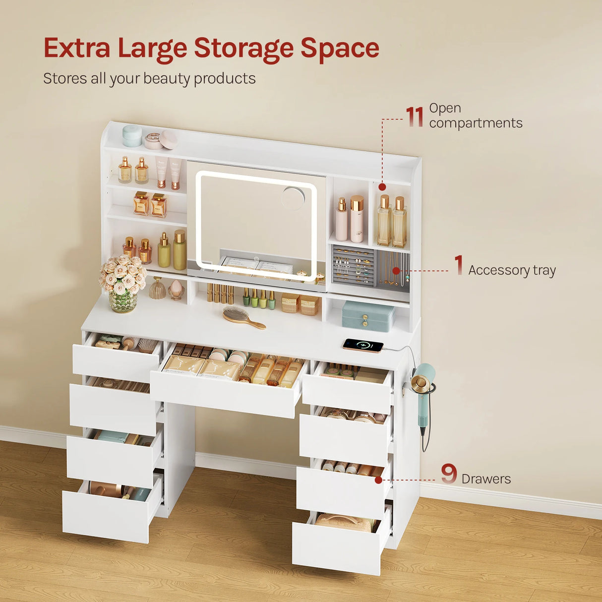 Luxe BukkitBow kaptafel met schuifspiegel, 9 laden, stopcontact en USB-poort, houten afwerking en stijlvolle design.