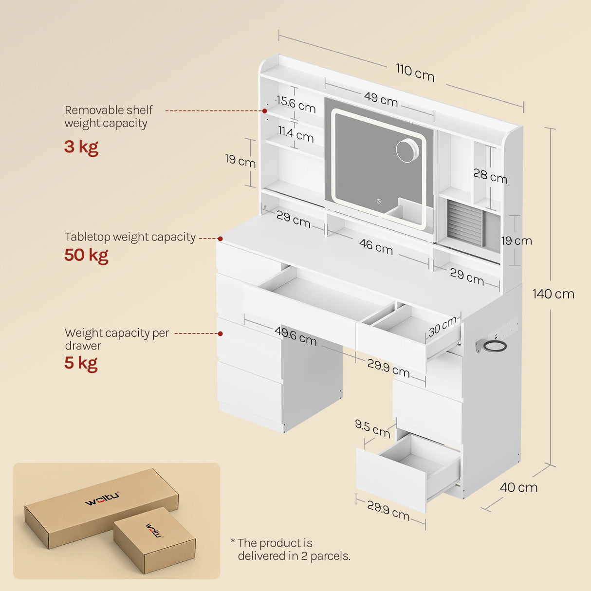 Luxe BukkitBow kaptafel met schuifspiegel, 9 laden, stopcontact en USB-poort, elegant meubelstuk voor make-up en accessoires