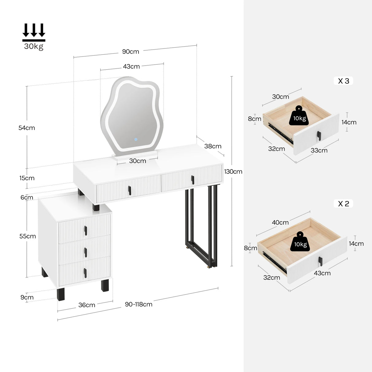 Luxe BukkitBow kaptafel met 5 laden, wit en metalen frame, met wolkvormige spiegel en stijlvolle uitstraling.