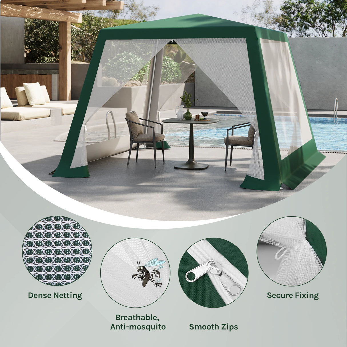 Luxe BukkitBow partytent 3x3m met muggennet en UV-bescherming, geschikt voor buitenfeestjes en evenementen.