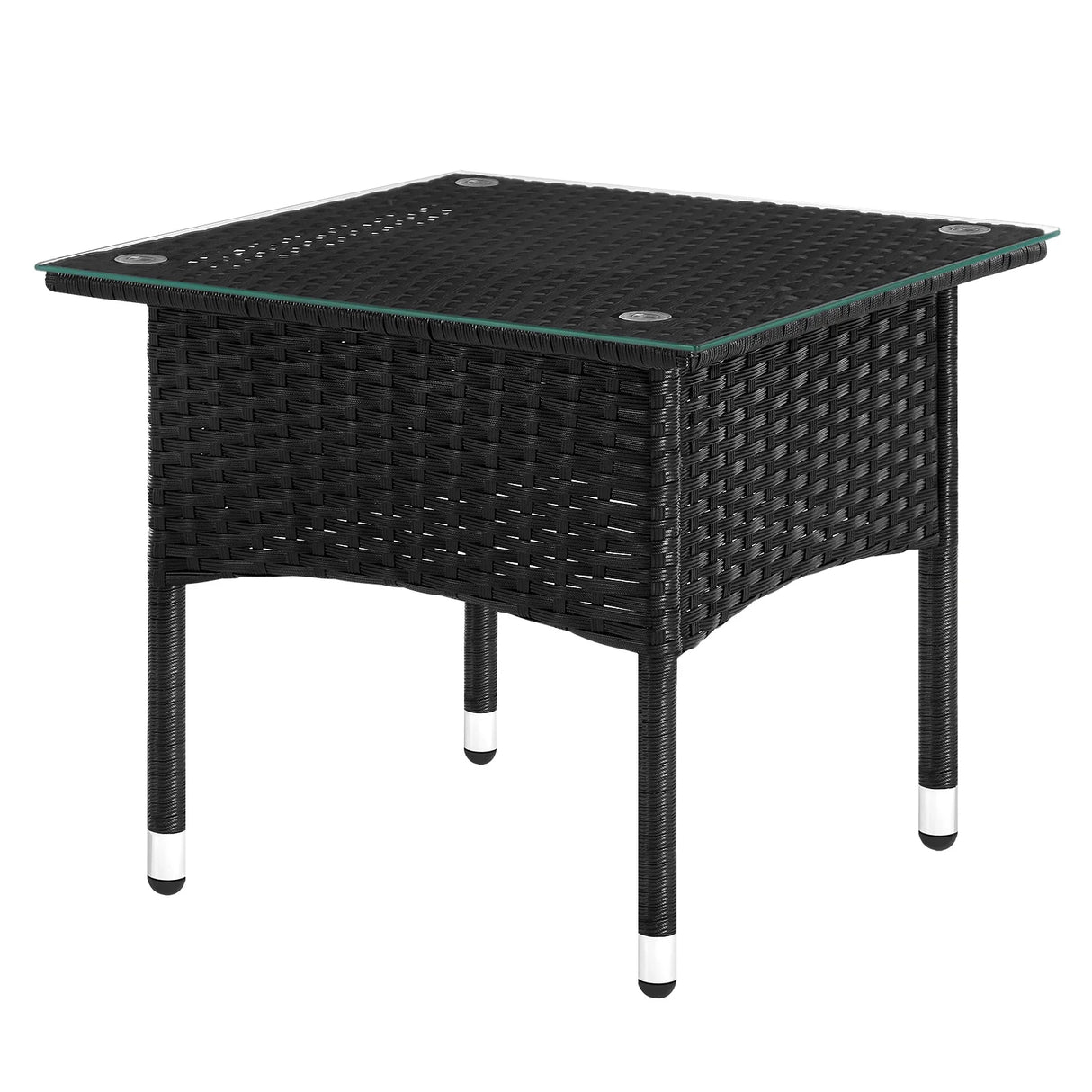 Luxe BukkitBow polyrattan bijzettafel met gehard glazen blad en weerbestendige buitengebruik, perfect voor tuin of terras.